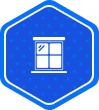 Blue hexagon icon with a white outline illustration of a four-pane window.