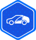 Blue hexagon icon of a vehicle with body panel outlines.