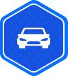 White car icon centered inside a blue hexagon with a dotted pattern and blue outline.