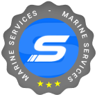 Circular Marine Services logo with a bold white letter S on a blue background, surrounded by a black ring with white text reading Marine Services and three yellow stars at the bottom.