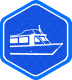 Blue hexagon icon with a white motor yacht illustration in profile view.