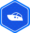 White boat icon inside a blue hexagon with a dotted background and blue outline.