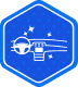 Blue hexagon icon showing a white outline of a sparkling clean car dashboard and steering wheel, symbolizing automotive interior detailing services.