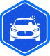 Blue hexagon icon featuring a white Tesla-style car with sparkles above the hood, symbolizing exterior car detailing or cleaning services.