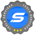 Circular badge logo with a bold white "S" on a blue background in the center, surrounded by the words "Tesla Services" and three yellow stars at the bottom.