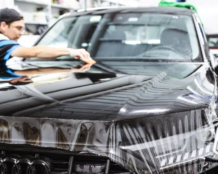 Technician applying clear protective film across the hood of a black Audi SUV.