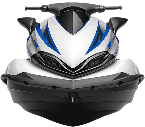 Front view of a white and blue personal watercraft with a sleek aerodynamic design and black trim.