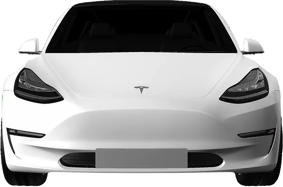 Front view of a white Tesla Model 3 with blacked-out headlights and minimalist design, showing the sleek electric vehicle's signature styling.