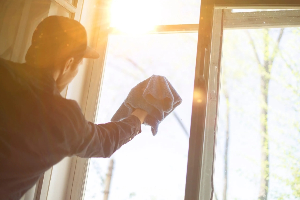 Person wiping a sunlit tinted window with a microfiber cloth during peak sunlight, illustrating common mistakes to avoid when cleaning tinted windows in Southwest Florida.