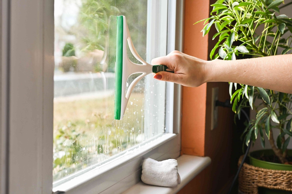 Person using a green-handled squeegee to clean a tinted home window surrounded by houseplants in a Southwest Florida home, illustrating how often you should clean tinted windows.