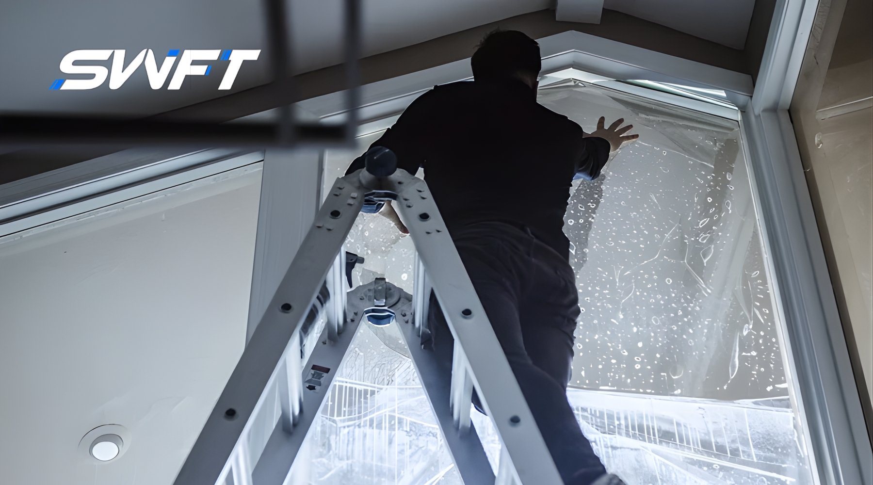 A professional installer on a ladder applies window film to a tall office window inside a Fort Myers building, demonstrating the process behind the question: what is commercial window tinting.