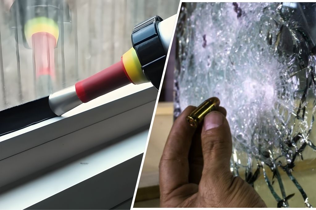 Split image comparing two protection methods: on the left, a caulking gun applies an anchoring system to a window as part of a security window film installation; on the right, a person holds a bullet in front of cracked, but intact, bullet-resistant glass. This visual highlights the difference between Security Window Film vs Other Options like ballistic glass.