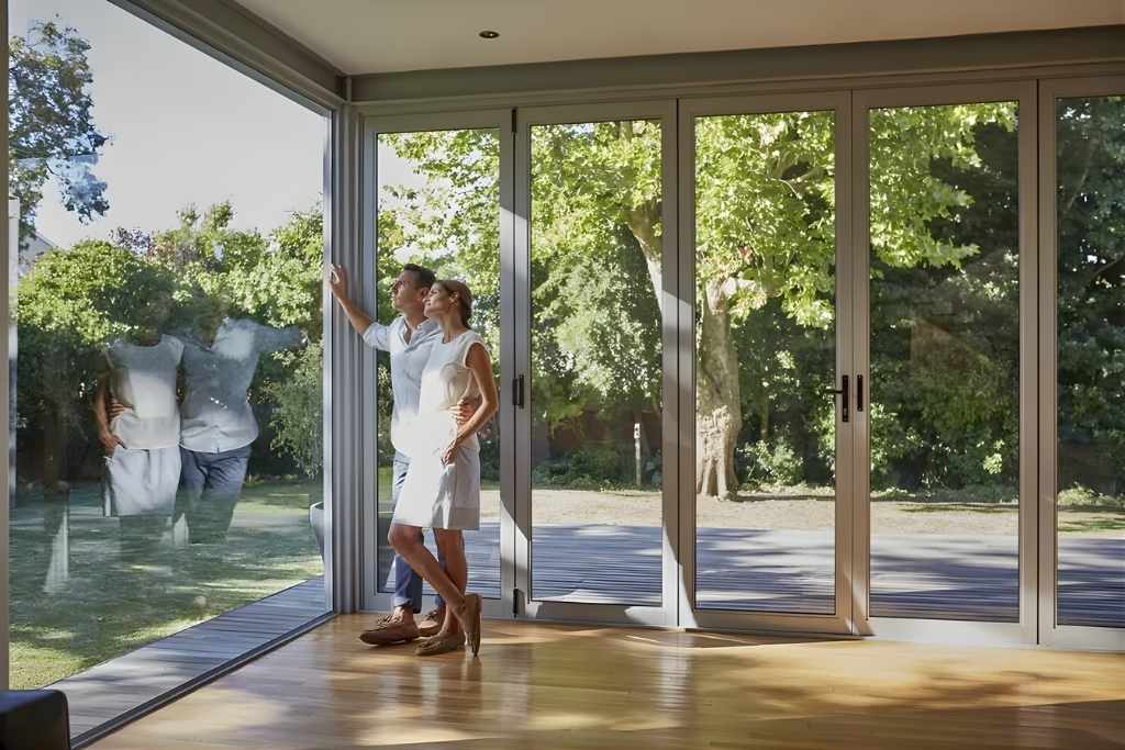 A couple stands inside a bright, modern living room with floor-to-ceiling windows, enjoying the outdoor view while bathed in natural light. The scene illustrates the comfort and energy efficiency gained from residential window film, emphasizing its long-term Return on Investment.