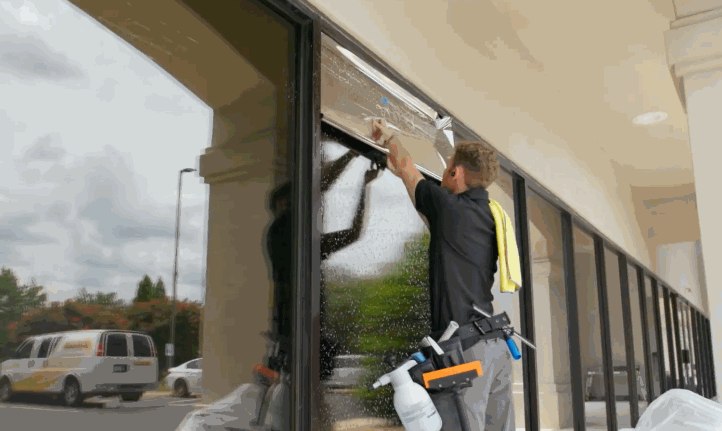 A professional installer uses tools and a spray solution to apply a tinting film on exterior glass panels of a commercial building.