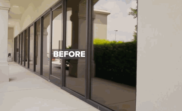 A row of large storefront windows reflects greenery and architecture, labeled with the word “BEFORE” to indicate the state before commercial tinting.
